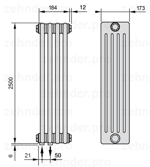 Схема (чертеж) Радиатор Zehnder Charleston 5250/4 №3370 Белый глянцевый RAL 9016